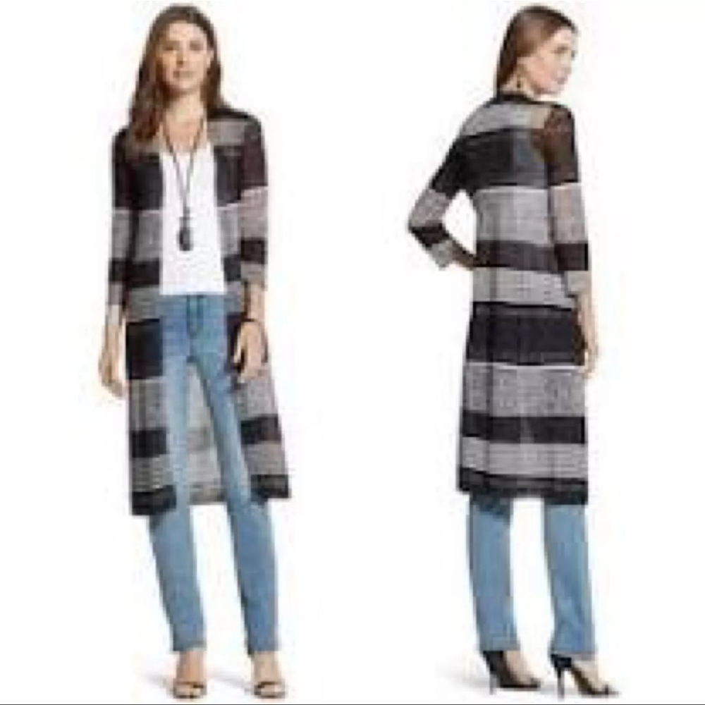 Chico’s Mixed Pattern Sheer Open‎ Long Cardigan Black White Size 2 (10/12)